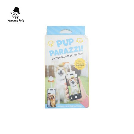 Pup Parazzi Universal Pet Selfie Clip packaging featuring a dog looking at a phone with a treat attached, showing how to take pet selfies.