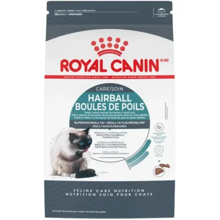 Royal Canin Hairball Care dry cat food bag showing triangular kibble for hairball reduction.