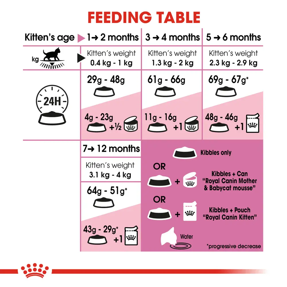 Royal Canin Kitten dry food bag showing small, easy-to-chew kibble for kittens aged 4 to 12 months. Royal Canin Kitten dry food bag showing small, easy-to-chew kibble for kittens aged 4 to 12 months.
