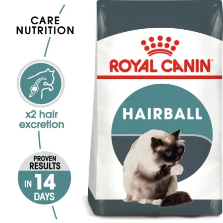 Royal Canin Hairball Care dry cat food bag showing triangular kibble for hairball reduction.