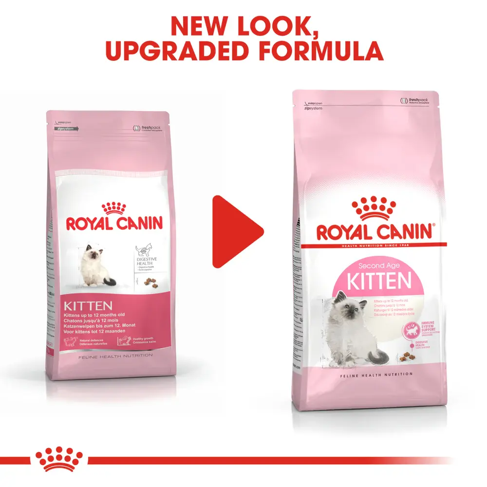 Royal Canin Kitten dry food bag showing small, easy-to-chew kibble for kittens aged 4 to 12 months. Royal Canin Kitten dry food bag showing small, easy-to-chew kibble for kittens aged 4 to 12 months.
