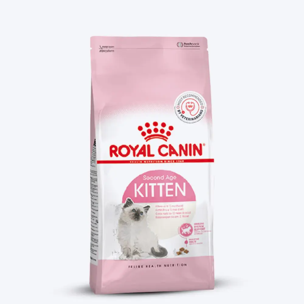 Royal Canin Kitten dry food bag showing small, easy-to-chew kibble for kittens aged 4 to 12 months. Royal Canin Kitten dry food bag showing small, easy-to-chew kibble for kittens aged 4 to 12 months.