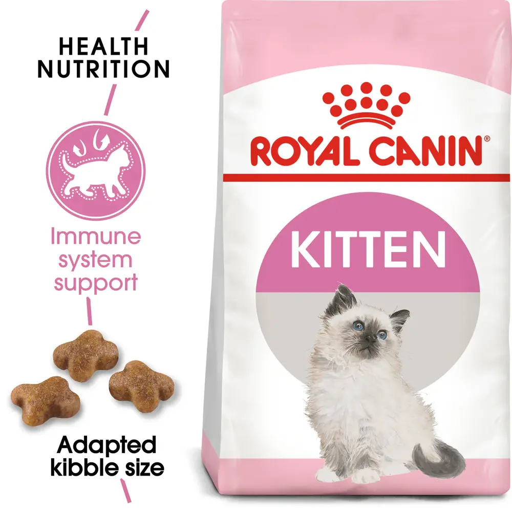 Royal Canin Kitten dry food bag showing small, easy-to-chew kibble for kittens aged 4 to 12 months. Royal Canin Kitten dry food bag showing small, easy-to-chew kibble for kittens aged 4 to 12 months.