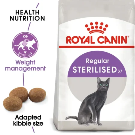 Royal Canin Sterilised 37 2kg bag for neutered adult cats featuring kibble for weight management and urinary health.