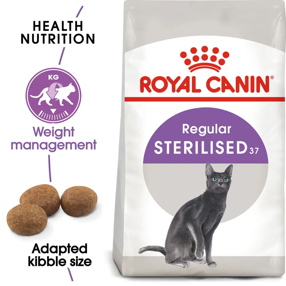 Royal Canin Sterilised 37 2kg bag for neutered adult cats featuring kibble for weight management and urinary health. Royal Canin Sterilised 37 2kg bag for neutered adult cats featuring kibble for weight management and urinary health.