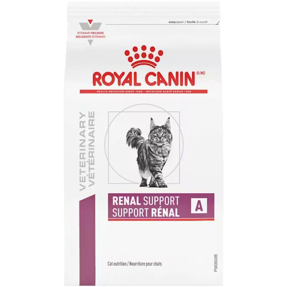 Royal Canin Renal Support A dry cat food bag with round kibble for appetite stimulation in cats with kidney disease. Royal Canin Renal Support A dry cat food bag with round kibble for appetite stimulation in cats with kidney disease.