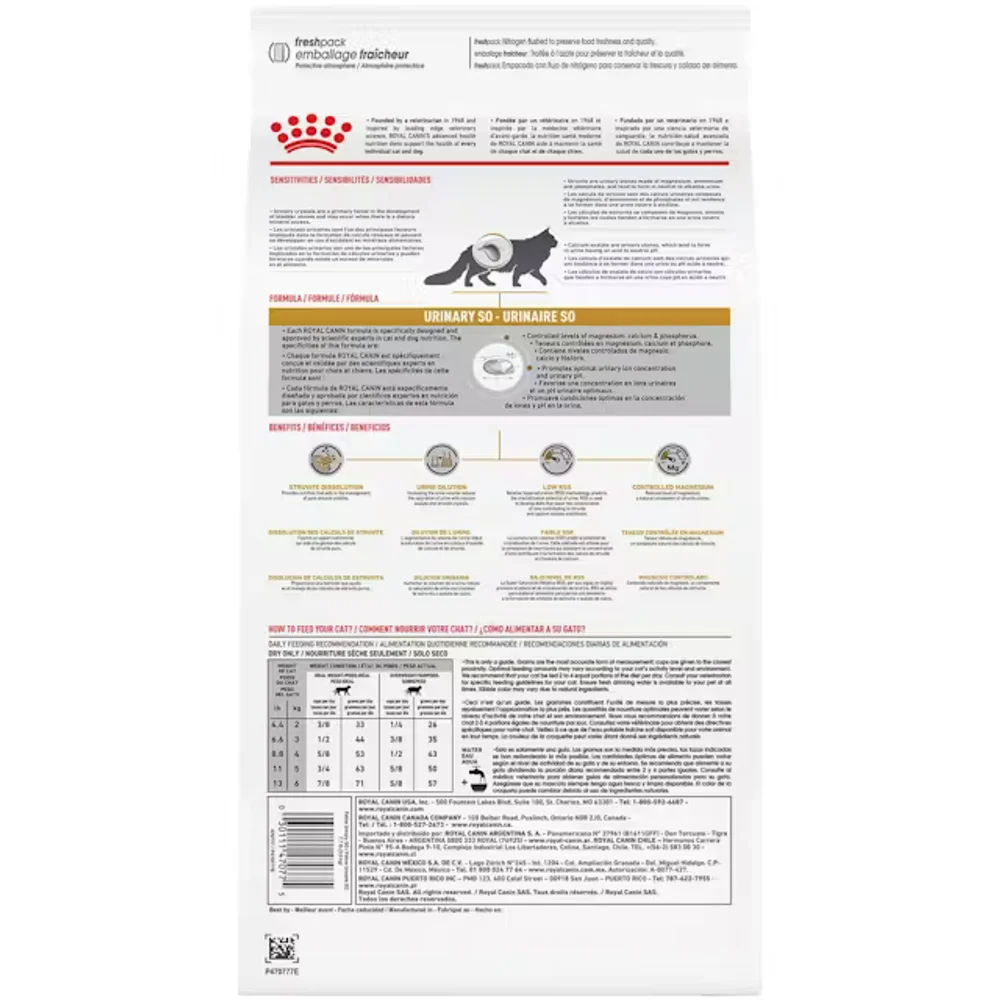 Royal Canin Feline Urinary SO dry cat food bag for struvite stone dissolution and calcium oxalate prevention. Royal Canin Feline Urinary SO dry cat food bag for struvite stone dissolution and calcium oxalate prevention.