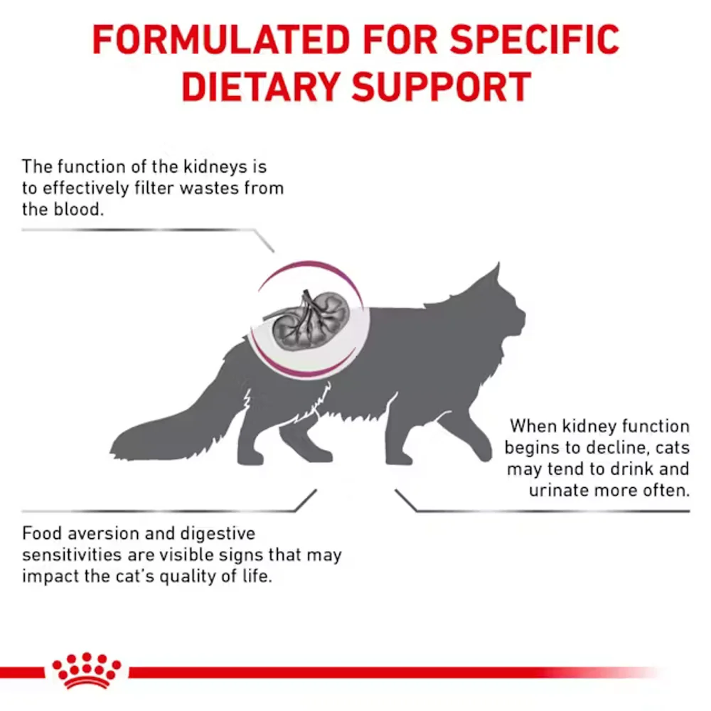 Royal Canin Renal Support A dry cat food bag with round kibble for appetite stimulation in cats with kidney disease. Royal Canin Renal Support A dry cat food bag with round kibble for appetite stimulation in cats with kidney disease.