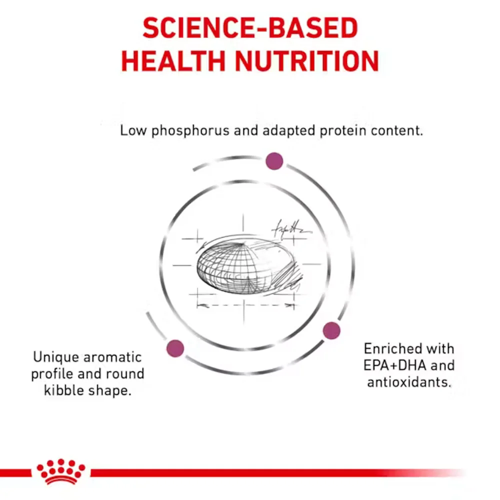 Royal Canin Renal Support A dry cat food bag with round kibble for appetite stimulation in cats with kidney disease. Royal Canin Renal Support A dry cat food bag with round kibble for appetite stimulation in cats with kidney disease.