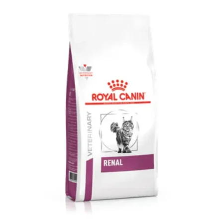 Royal Canin Renal Support A dry cat food bag with round kibble for appetite stimulation in cats with kidney disease.