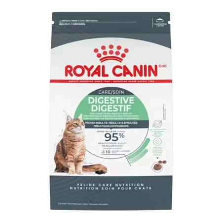 Royal Canin Digestive Care dry cat food bag showing ring-shaped kibble designed to slow down eating and improve digestion.