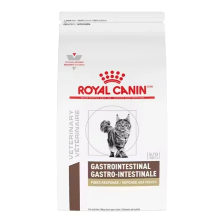 Royal Canin Gastrointestinal Fiber Response dry cat food bag for cats needing constipation relief and high-fiber digestive support.