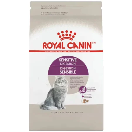 Royal Canin Sensitive Digestion dry cat food bag featuring three different kibble shapes for cats with digestive sensitivities.