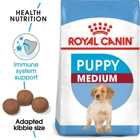 Royal Canin Medium Puppy dry dog food bag for puppies up to 12 months with an adult weight of 23-55 lbs, highlighting brain and immune support.
