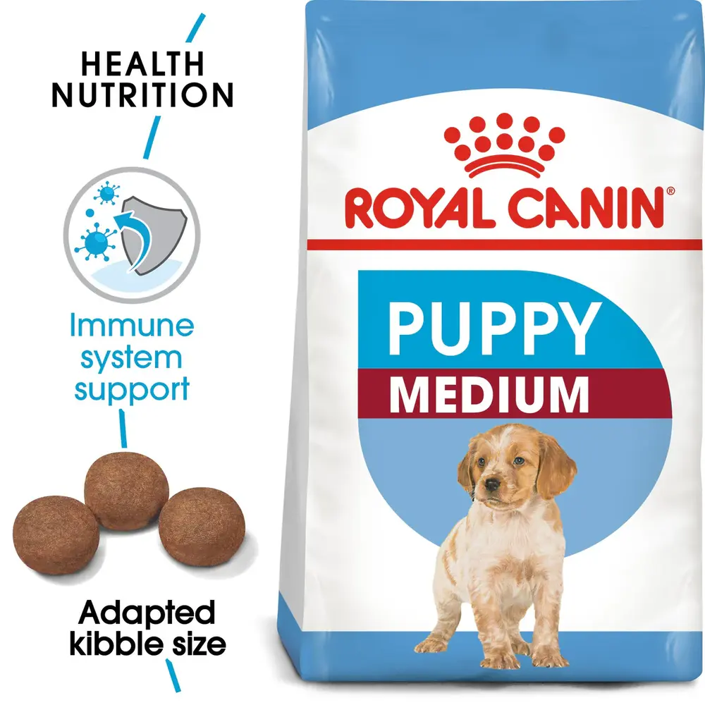 Royal Canin Medium Puppy dry dog food bag for puppies up to 12 months with an adult weight of 23-55 lbs, highlighting brain and immune support. Royal Canin Medium Puppy dry dog food bag for puppies up to 12 months with an adult weight of 23-55 lbs, highlighting brain and immune support.