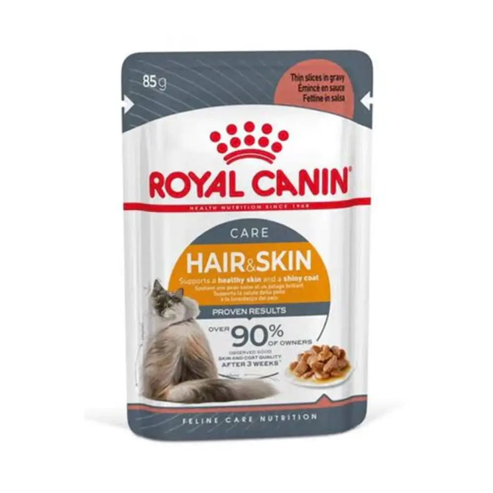 Royal Canin Hair & Skin Care wet cat food pouch, thin slices in gravy for healthy skin and a shiny coat. Royal Canin Hair & Skin Care wet cat food pouch, thin slices in gravy for healthy skin and a shiny coat.