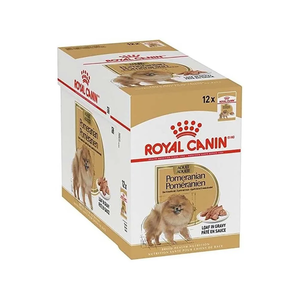 Royal Canin Pomeranian Adult wet dog food pouch, featuring a soft loaf texture tailored for the nutritional needs of Pomeranians. Royal Canin Pomeranian Adult wet dog food pouch, featuring a soft loaf texture tailored for the nutritional needs of Pomeranians.