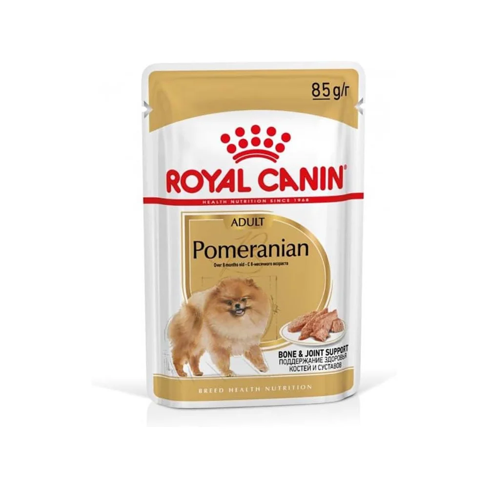 Royal Canin Pomeranian Adult wet dog food pouch, featuring a soft loaf texture tailored for the nutritional needs of Pomeranians. Royal Canin Pomeranian Adult wet dog food pouch, featuring a soft loaf texture tailored for the nutritional needs of Pomeranians.
