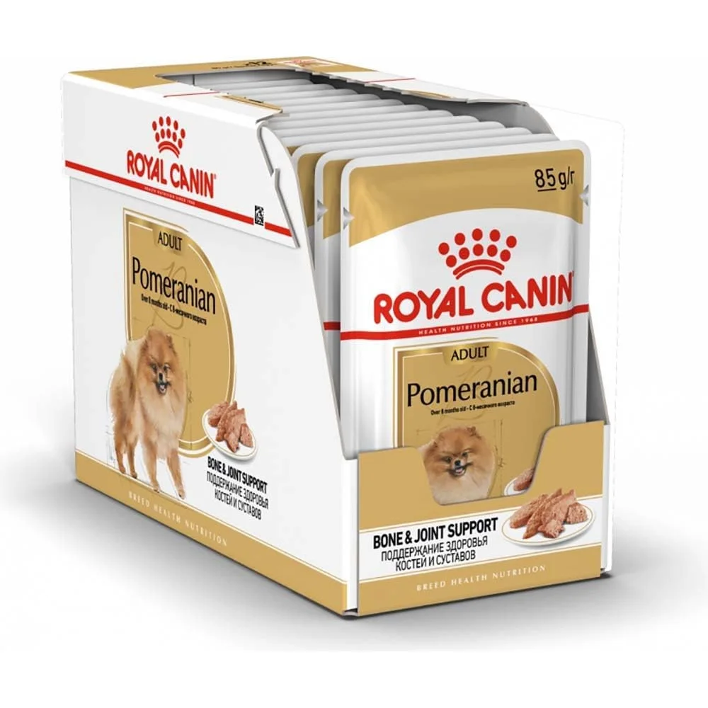 Royal Canin Pomeranian Adult wet dog food pouch, featuring a soft loaf texture tailored for the nutritional needs of Pomeranians. Royal Canin Pomeranian Adult wet dog food pouch, featuring a soft loaf texture tailored for the nutritional needs of Pomeranians.