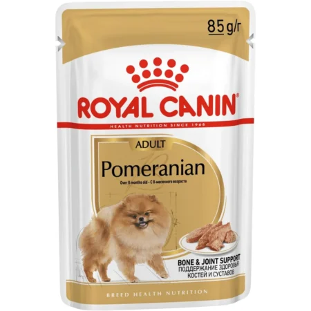 Royal Canin Pomeranian Adult wet dog food pouch, featuring a soft loaf texture tailored for the nutritional needs of Pomeranians.