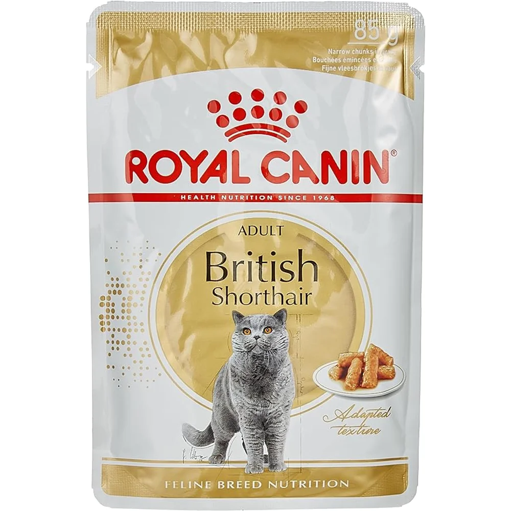 Royal Canin British Shorthair wet cat food pouch featuring thin slices in gravy, tailored for the muscular body of British Shorthair cats. Royal Canin British Shorthair wet cat food pouch featuring thin slices in gravy, tailored for the muscular body of British Shorthair cats.