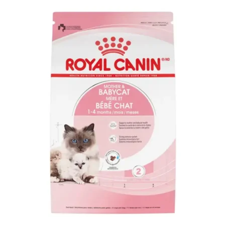 Royal Canin Mother & Babycat dry food bag for pregnant cats and kittens 1-4 months, showing tiny rehydratable kibble.