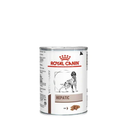 Royal Canin Hepatic wet dog food in a 420g can, specifically formulated for dogs with liver disease and hepatic insufficiency.
