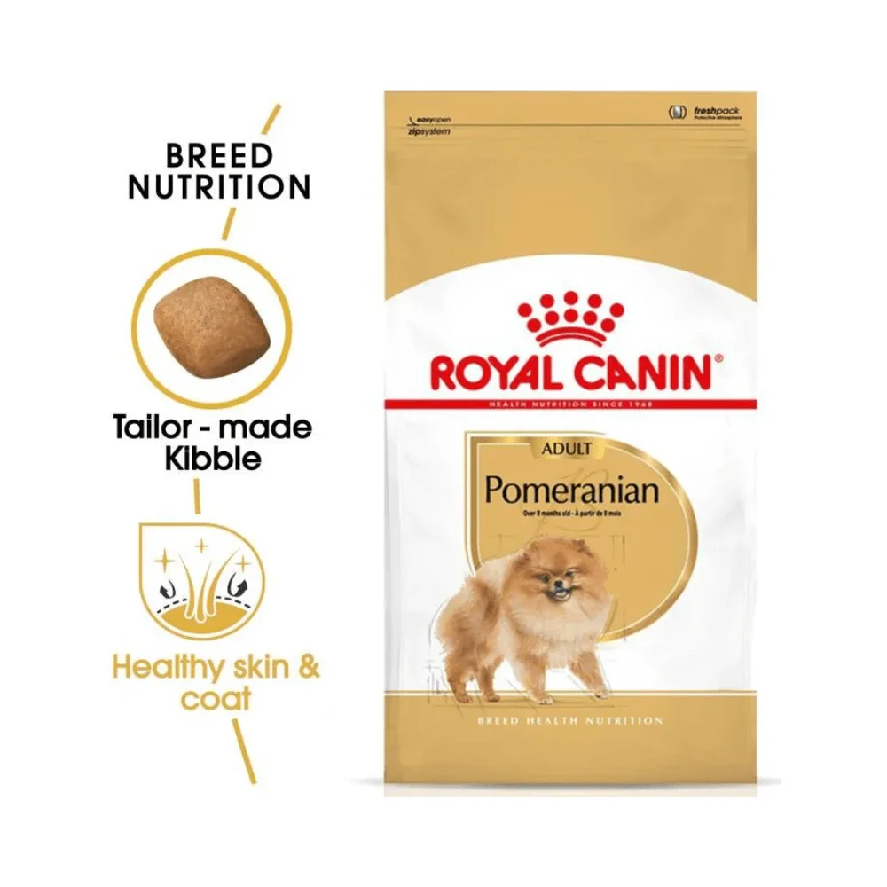 Royal Canin Pomeranian Adult 1.5kg bag featuring specialized kibble for tiny jaws and a fluffy double coat. Royal Canin Pomeranian Adult 1.5kg bag featuring specialized kibble for tiny jaws and a fluffy double coat.