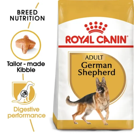 Royal Canin German Shepherd Adult dog food bag featuring specialized kibble for long muzzles and bone/joint support nutrients.