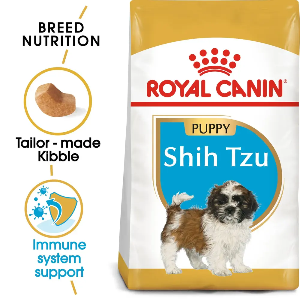 Royal Canin Shih Tzu Puppy dry dog food bag featuring tiny, curved kibble for puppies with underbites and short muzzles. Royal Canin Shih Tzu Puppy dry dog food bag featuring tiny, curved kibble for puppies with underbites and short muzzles.