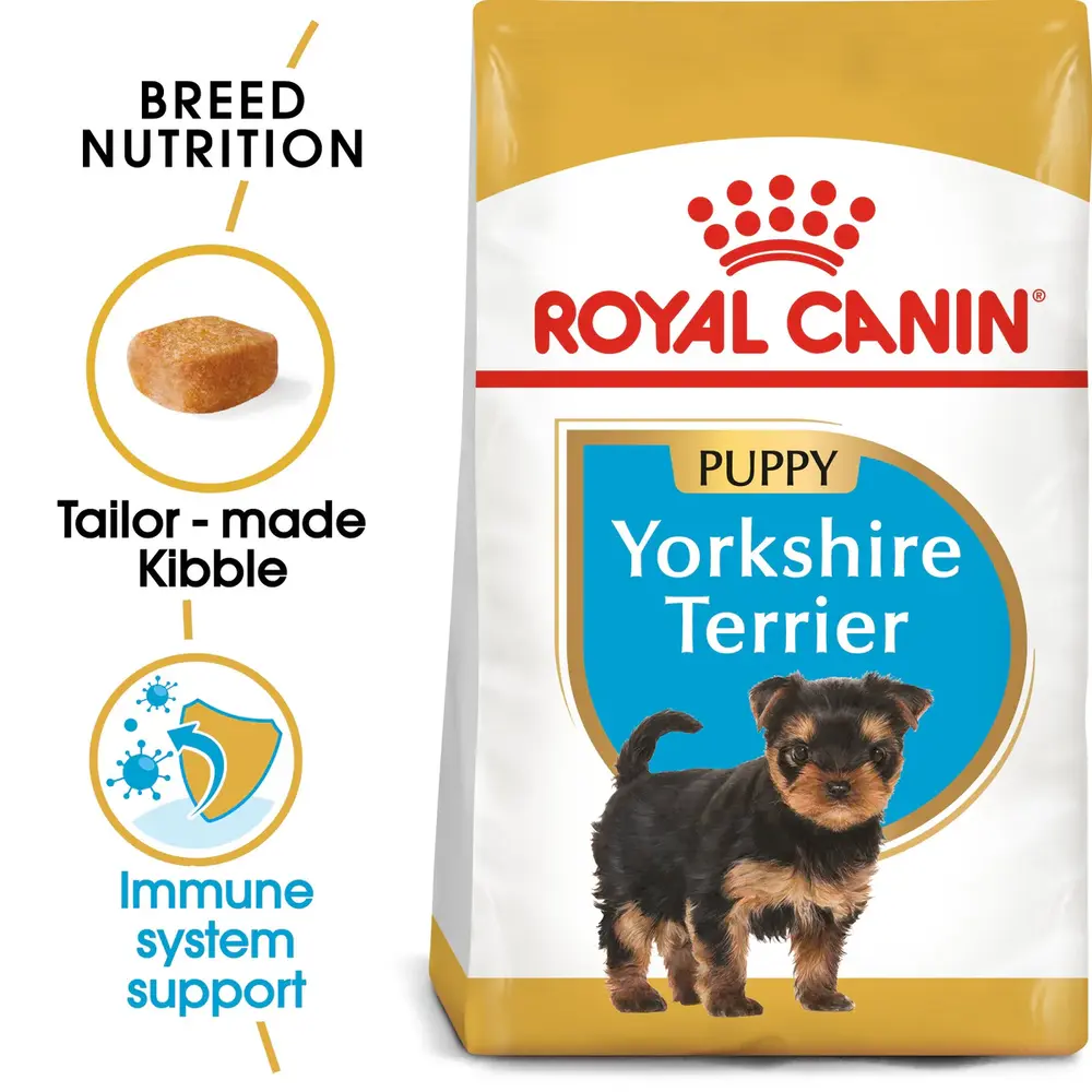 Royal Canin Yorkshire Terrier Puppy dry dog food bag showing specialized kibble for Yorkie puppies 8 weeks to 10 months old. Royal Canin Yorkshire Terrier Puppy dry dog food bag showing specialized kibble for Yorkie puppies 8 weeks to 10 months old.