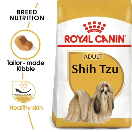 Royal Canin Shih Tzu Adult dry dog food bag featuring specialized kibble for brachycephalic jaws and long coat support.