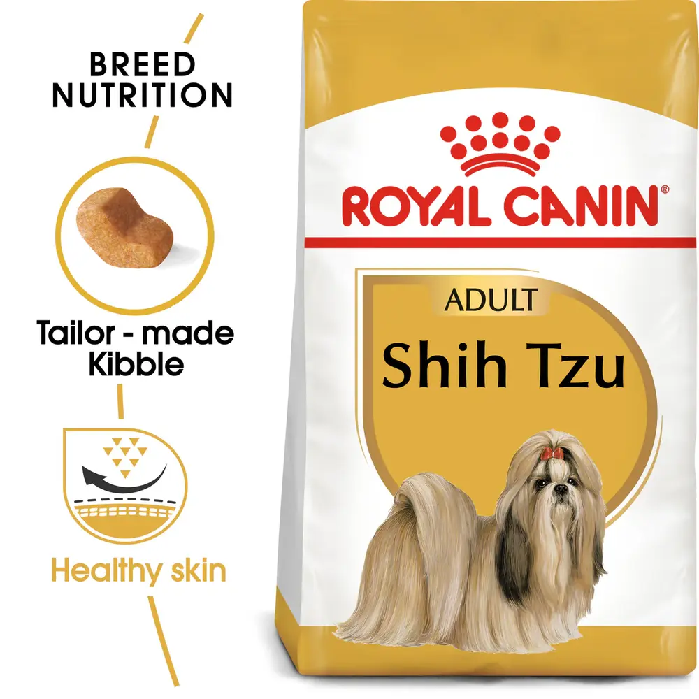 Royal Canin Shih Tzu Adult dry dog food bag featuring specialized kibble for brachycephalic jaws and long coat support. Royal Canin Shih Tzu Adult dry dog food bag featuring specialized kibble for brachycephalic jaws and long coat support.