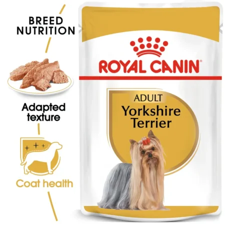 Royal Canin Yorkshire Terrier wet dog food pouch, featuring thin slices in gravy tailored for adult Yorkies.