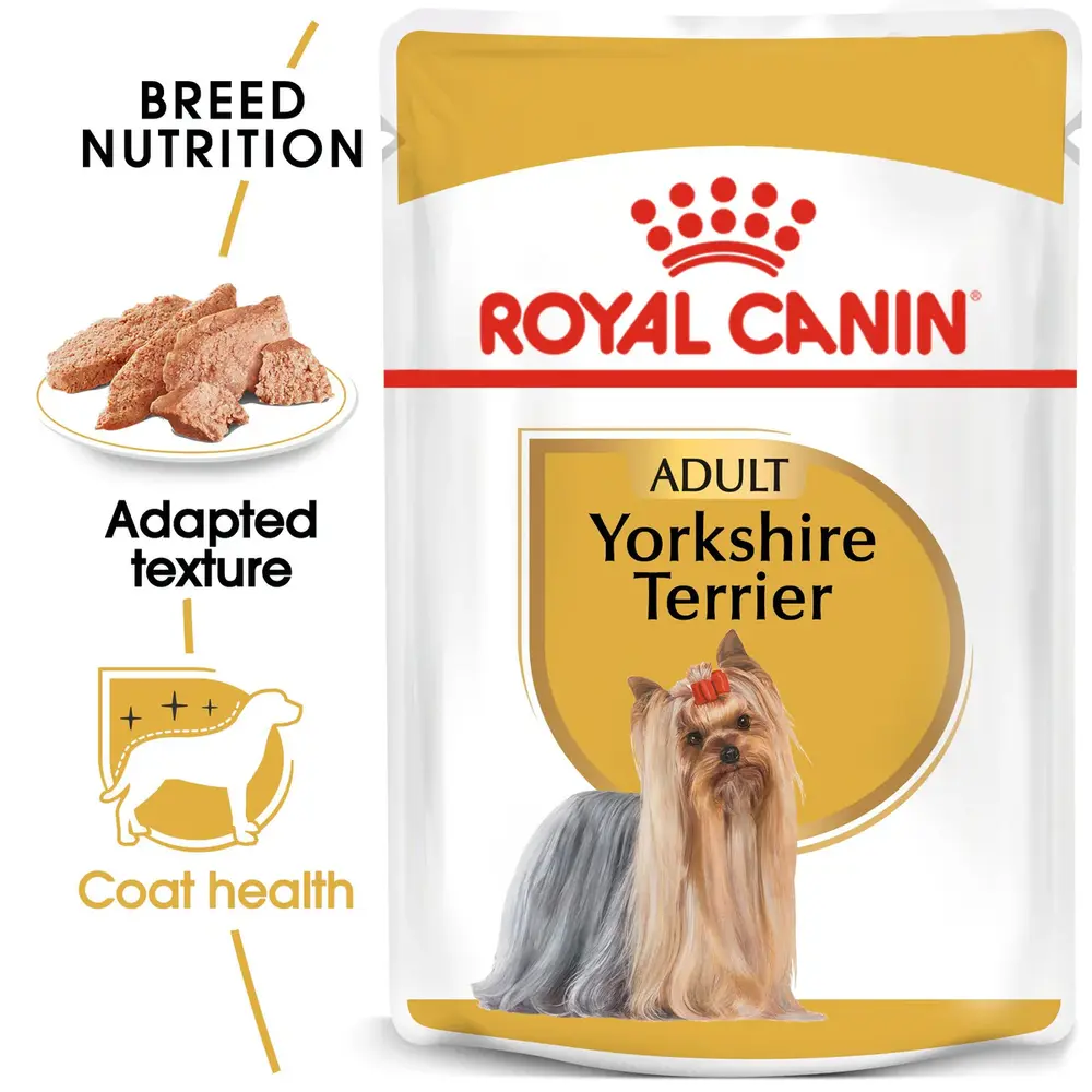 Royal Canin Yorkshire Terrier wet dog food pouch, featuring thin slices in gravy tailored for adult Yorkies. Royal Canin Yorkshire Terrier wet dog food pouch, featuring thin slices in gravy tailored for adult Yorkies.