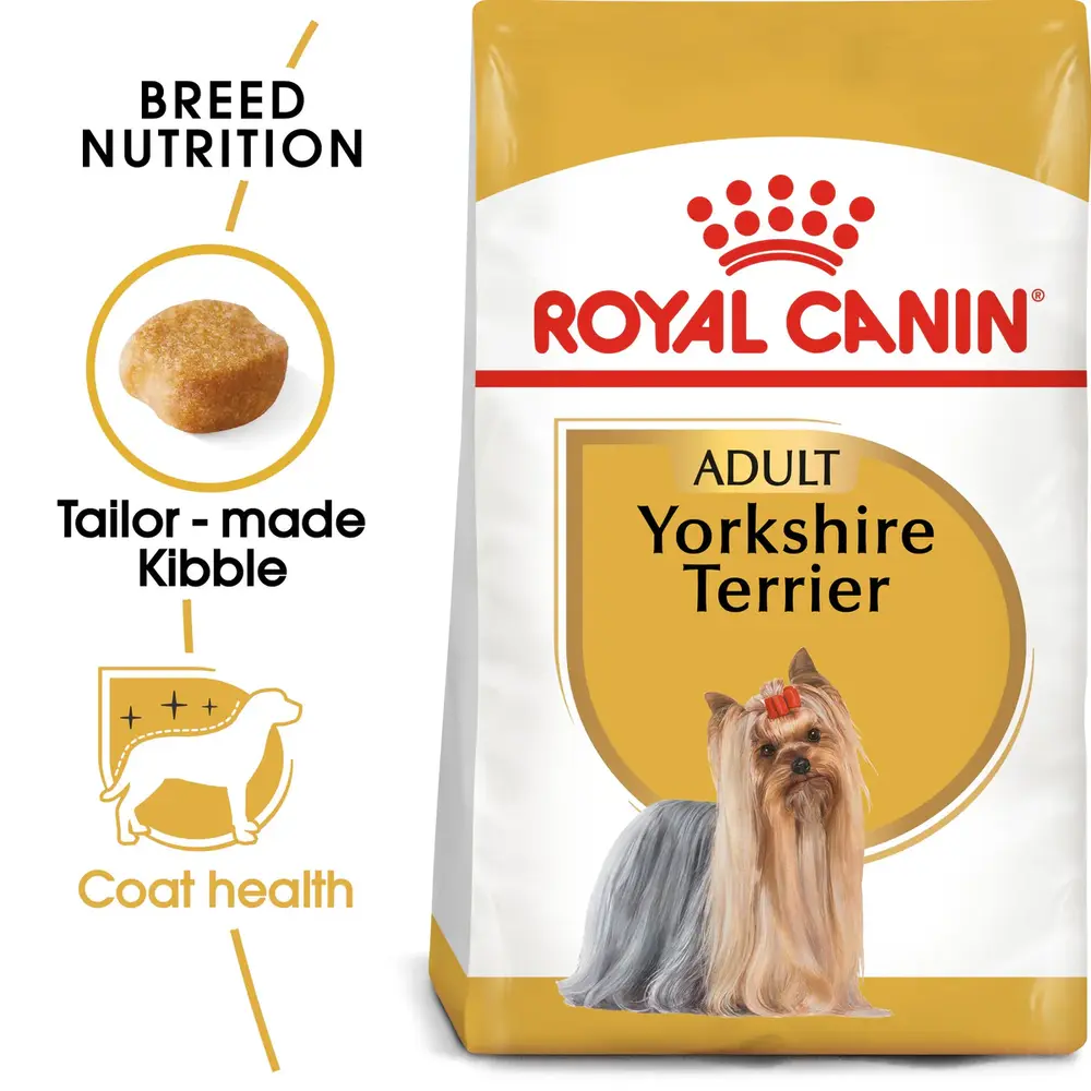 Royal Canin Yorkshire Terrier Adult dry dog food bag for purebred Yorkies 10 months to 8 years, showing specialized dental health kibble. Royal Canin Yorkshire Terrier Adult dry dog food bag for purebred Yorkies 10 months to 8 years, showing specialized dental health kibble.