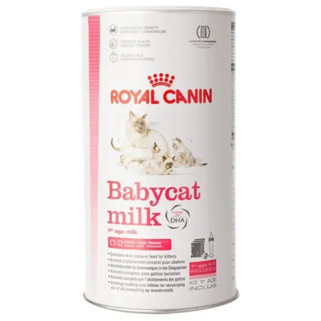 Royal Canin Babycat Milk 300g kit including feeding bottle, nipples, and measuring scoop for newborn kittens.