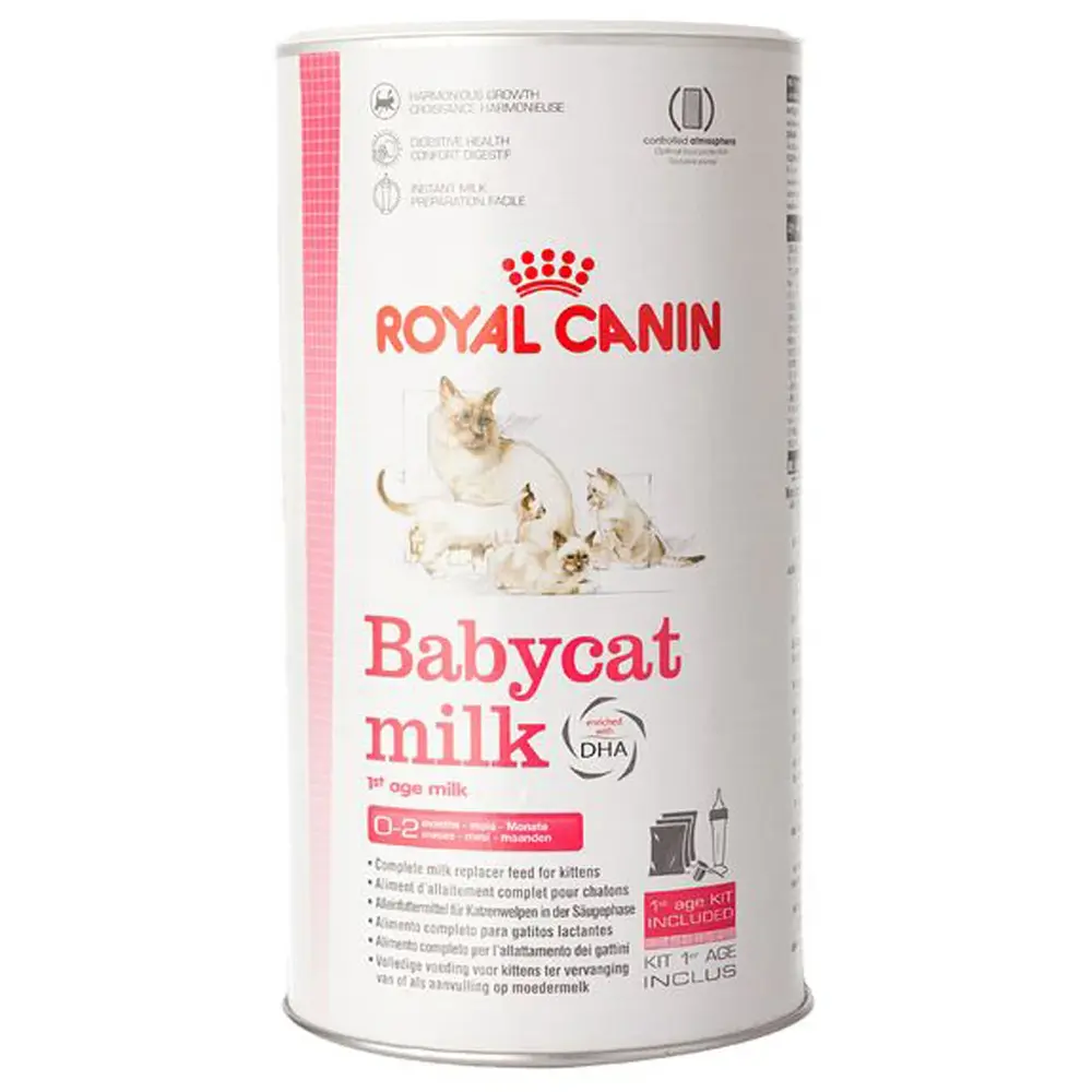 Royal Canin Babycat Milk 300g kit including feeding bottle, nipples, and measuring scoop for newborn kittens. Royal Canin Babycat Milk 300g kit including feeding bottle, nipples, and measuring scoop for newborn kittens.