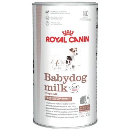 Royal Canin Babydog Milk kit including feeding bottle, teats, and measuring scoop for newborn puppies.
