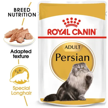 Royal Canin Persian Adult wet food pouch featuring a soft loaf texture designed for the flat faces of Persian cats.