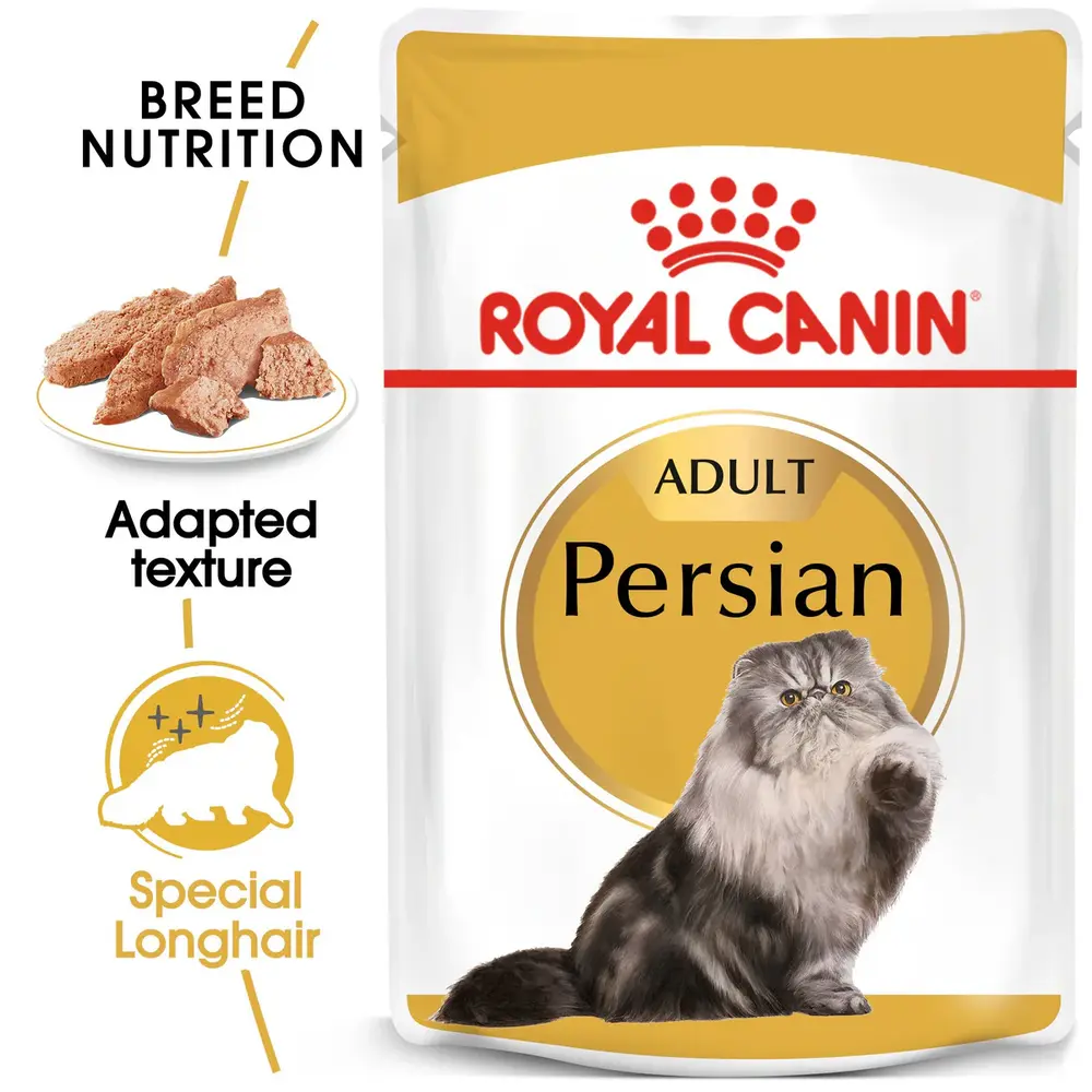 Royal Canin Persian Adult wet food pouch featuring a soft loaf texture designed for the flat faces of Persian cats. Royal Canin Persian Adult wet food pouch featuring a soft loaf texture designed for the flat faces of Persian cats.
