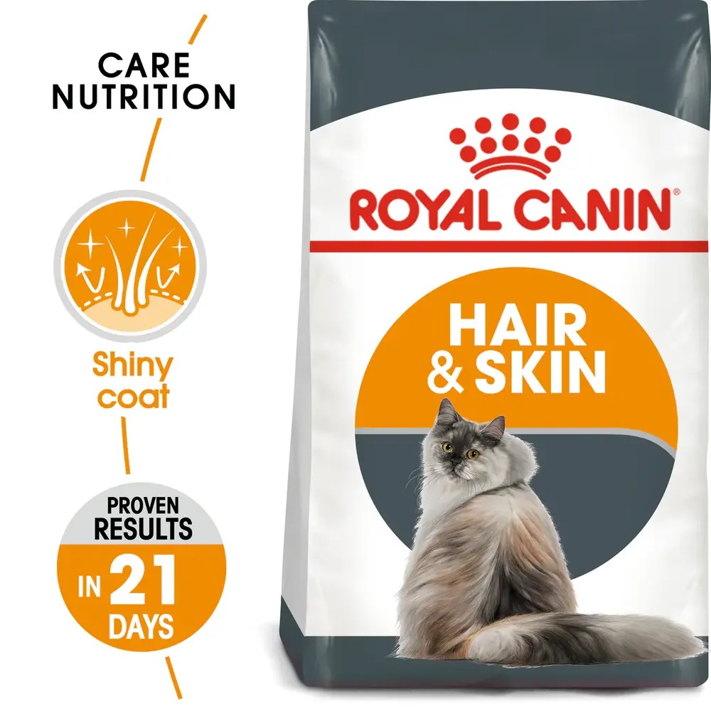 Royal Canin Hair & Skin Care dry cat food bag showing high-protein kibble for healthy skin and shiny coat. Royal Canin Hair & Skin Care dry cat food bag showing high-protein kibble for healthy skin and shiny coat.