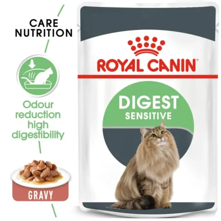 Royal Canin Digest Sensitive wet cat food pouch in gravy, showing easy-to-digest thin slices for cats with sensitive stomachs.