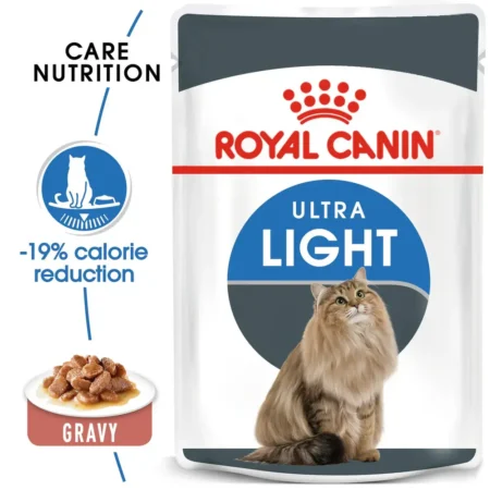 Royal Canin Ultra Light in Gravy wet cat food pouch for adult cats, designed to reduce calorie intake and maintain healthy weight.