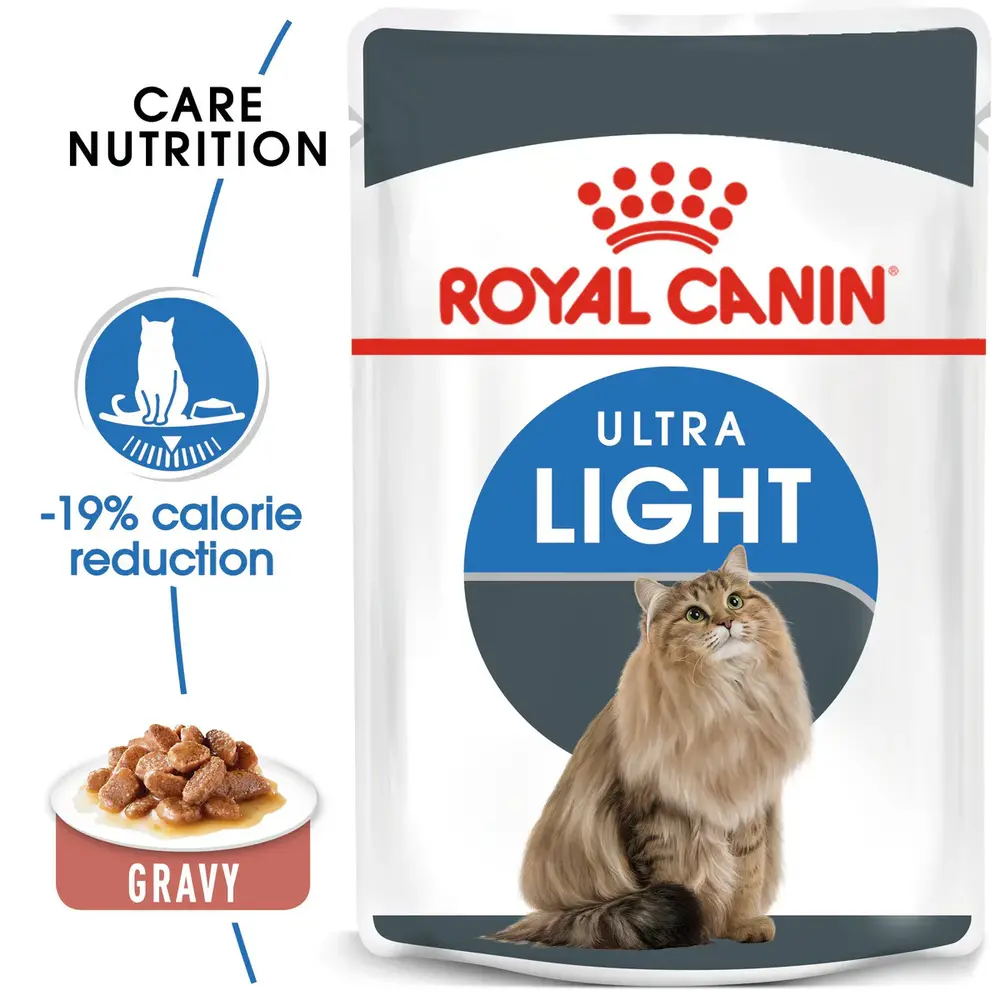 Royal Canin Ultra Light in Gravy wet cat food pouch for adult cats, designed to reduce calorie intake and maintain healthy weight. Royal Canin Ultra Light in Gravy wet cat food pouch for adult cats, designed to reduce calorie intake and maintain healthy weight.