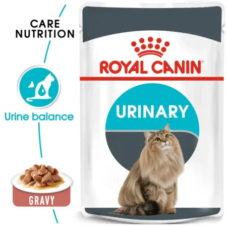 Royal Canin Urinary Care wet cat food pouch in gravy, showing thin slices for adult cats to maintain urinary health.
