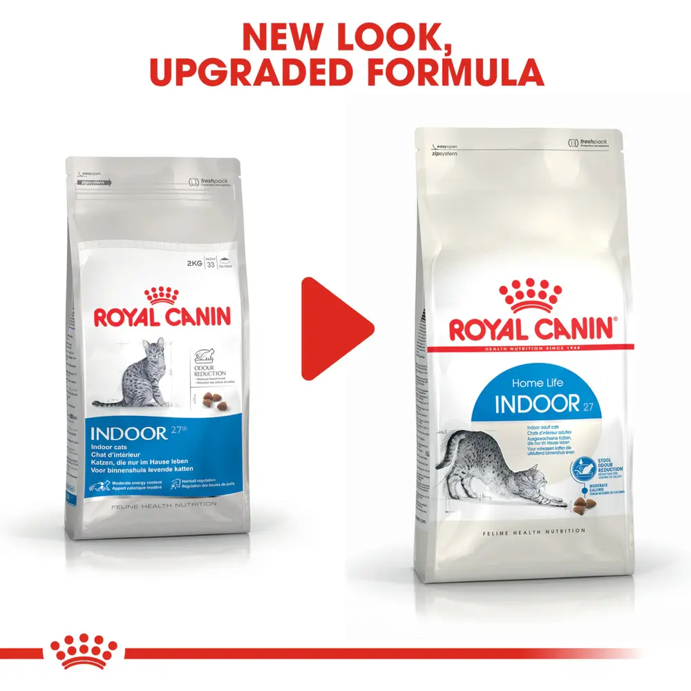 Royal Canin Indoor Adult dry cat food bag for indoor cats aged 1-7 years featuring kibble for stool odor reduction and hairball management. Royal Canin Indoor Adult dry cat food bag for indoor cats aged 1-7 years featuring kibble for stool odor reduction and hairball management.