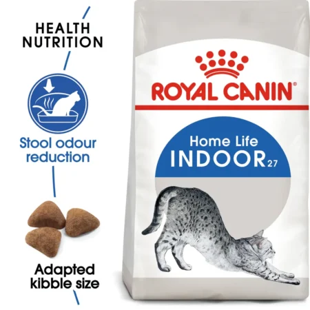 Royal Canin Indoor Adult dry cat food bag for indoor cats aged 1-7 years featuring kibble for stool odor reduction and hairball management.