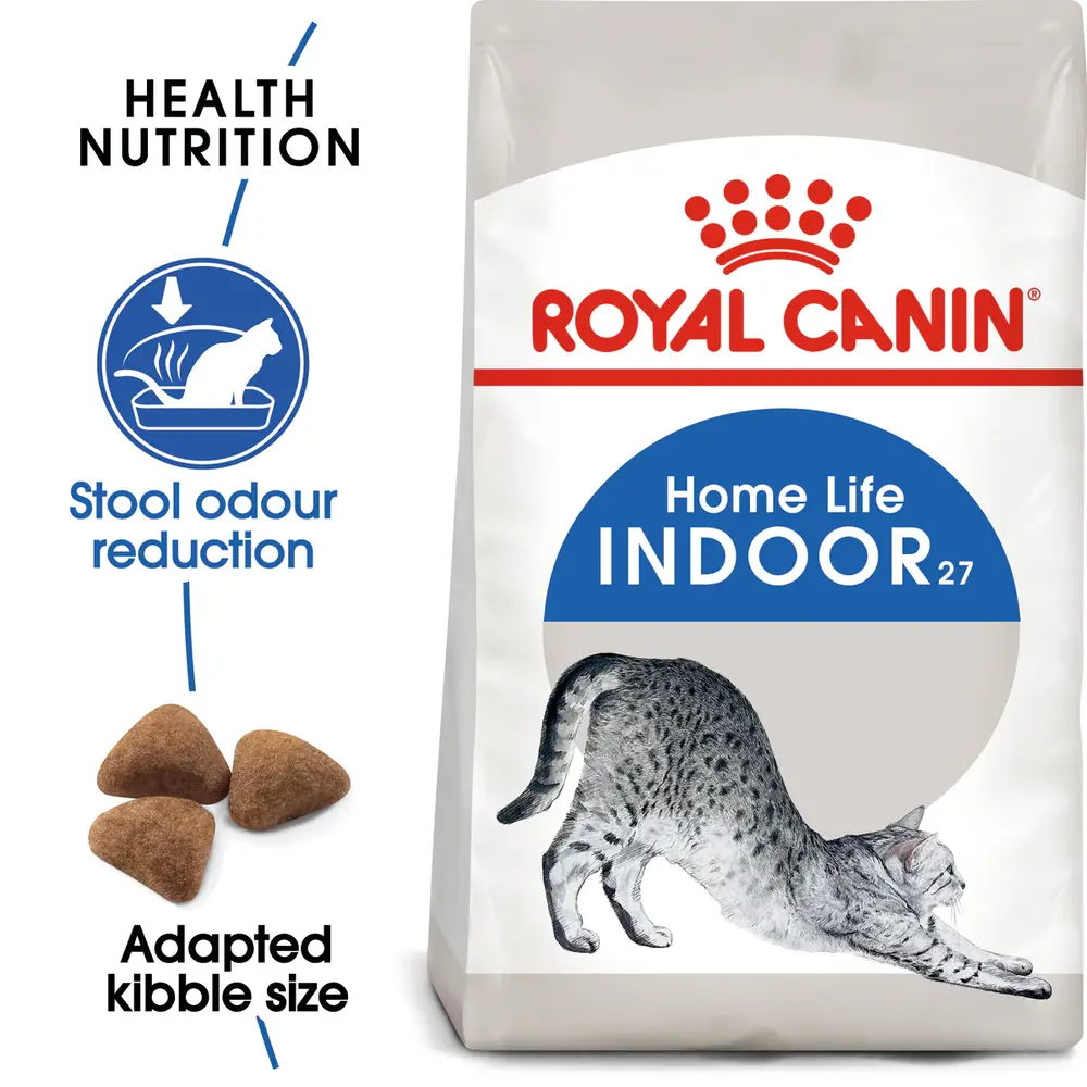 Royal Canin Indoor Adult dry cat food bag for indoor cats aged 1-7 years featuring kibble for stool odor reduction and hairball management. Royal Canin Indoor Adult dry cat food bag for indoor cats aged 1-7 years featuring kibble for stool odor reduction and hairball management.