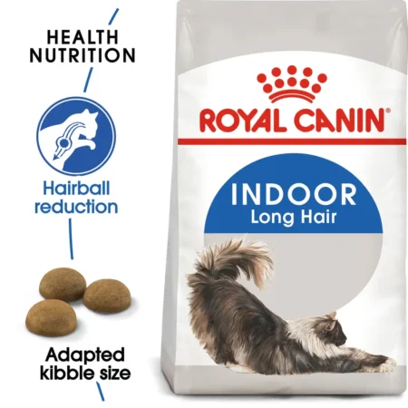 Royal Canin Indoor Adult dry cat food bag for indoor cats aged 1-7 years featuring kibble for stool odor reduction and hairball management.